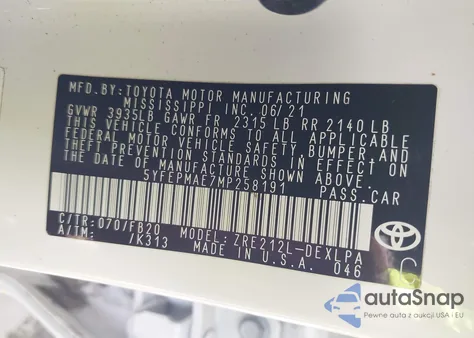 2021 Toyota Corolla Le from USA, damaged, VIN 5YFEPMAE7MP258191